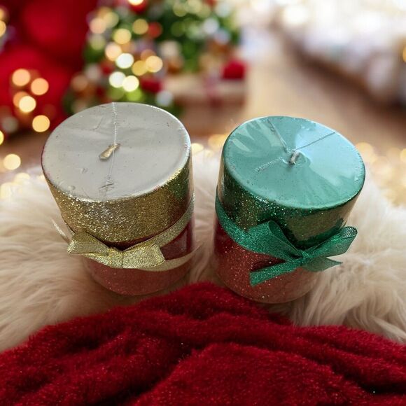 Red Gold And Green Christmas 3.5" Candles Set Of 2 Never Opened - Picture 3 of 4